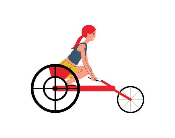 Aktivní zdravotně postižená sportovkyně v invalidním vozíku ploché vektorové ilustrace izolované. — Stockový vektor