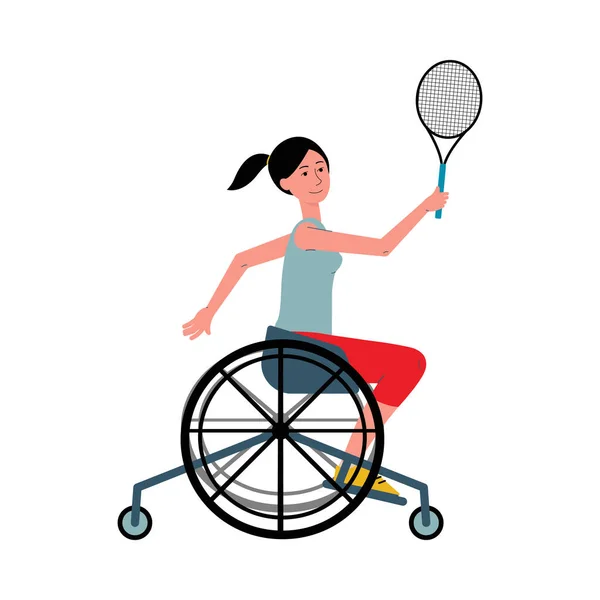 Femme handicapée en fauteuil roulant jouant au tennis illustration vectorielle plat isolé. — Image vectorielle