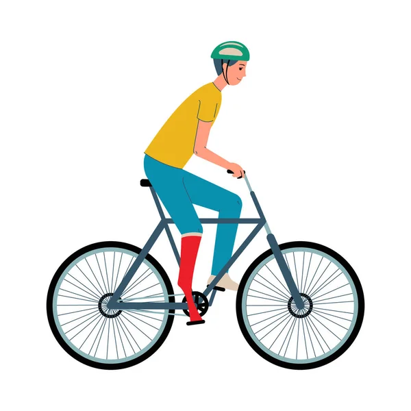 Paralympische spelen mannelijke gehandicapte atleet met ledematen prothese paardrijden fiets, platte vector illustratie geïsoleerd. — Stockvector