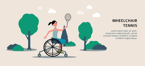 Invalidní tenisový banner se zdravotně postiženou ženou ženou hrající sport — Stockový vektor