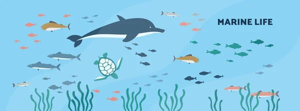 바다나 수중 배경과 동물들의 평평 한 벡터 삽화. — 스톡 벡터