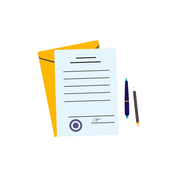 Documento de papel, envelope amarelo e papel e caneta - ilustração plana isolada — Vetor de Stock