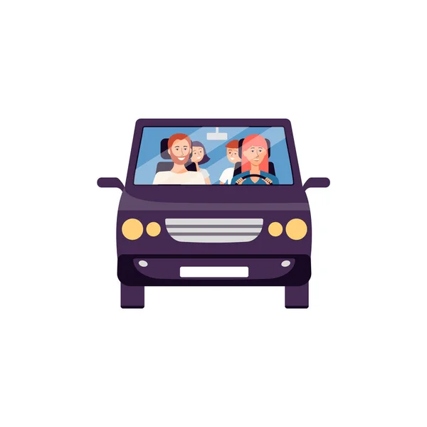 Joyeux voyage en voiture familiale - vue de face de l'automobile avec couple et enfants. — Image vectorielle