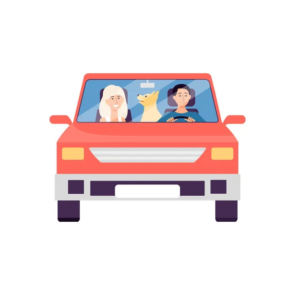 Мультфильм пара, сидящая в красной машине с собакой - вид спереди — стоковый вектор
