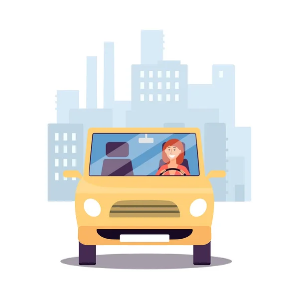 Cartoon woman driving away from city in yellow car isolated on white background. — Stock Vector
