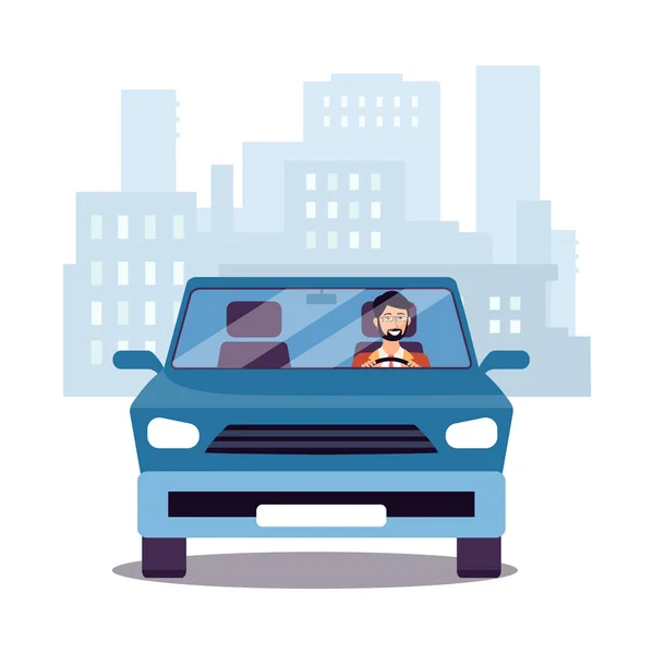 Car with driver at urban streets backdrop flat vector illustration isolated. — Stock Vector