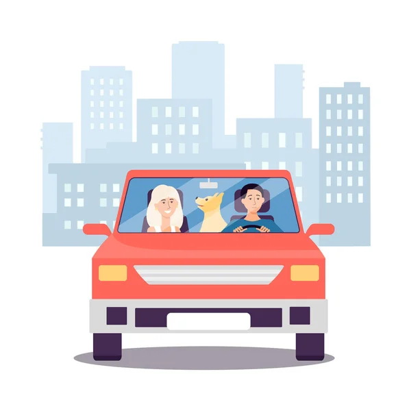 Сімейна подорож автомобілем з людьми персонажі, що їздять на плоскій векторній ілюстрації ізольовані . — стоковий вектор