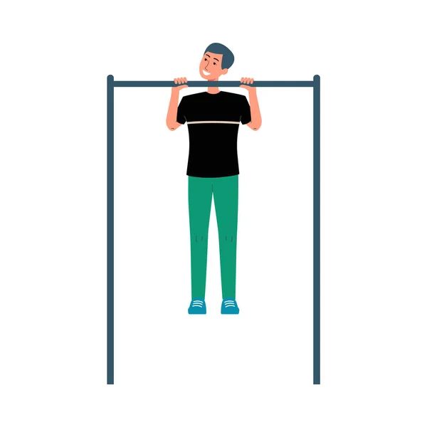 Hombre de dibujos animados haciendo tire hacia arriba en la barra horizontal - amante del deporte haciendo ejercicio de fitness — Vector de stock