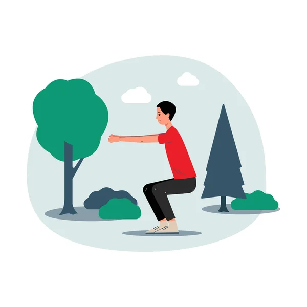 Hombre haciendo sentadillas ejercicios al aire libre en el parque plana vector ilustración aislado. — Vector de stock