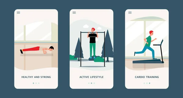 Mobile sport app interface set med seriefigurer utbildning i gym — Stock vektor