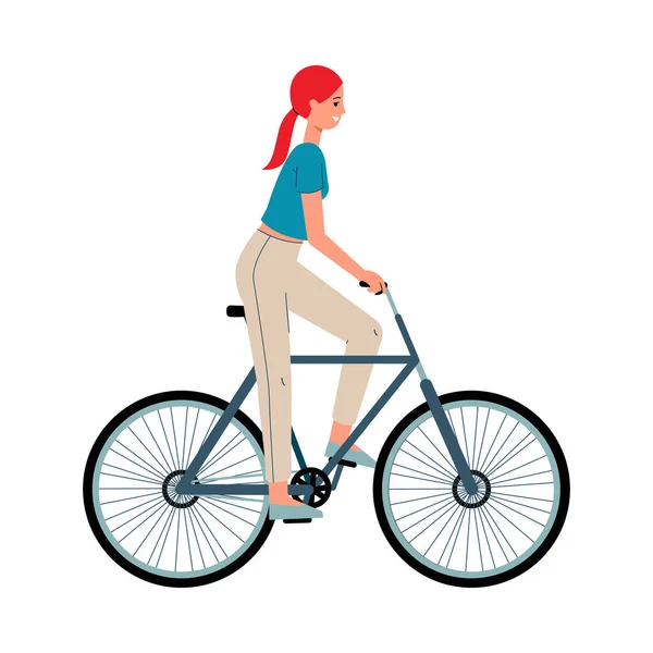 Donna ciclista personaggio dei cartoni animati equitazione bicicletta vettore piatto illustrazione isolato. — Vettoriale Stock