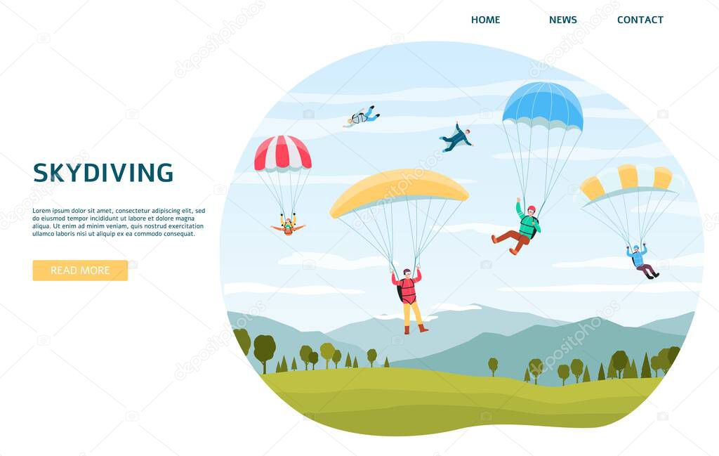 Skydiving banner with sportsmen jumping with parachutes flat vector illustration.