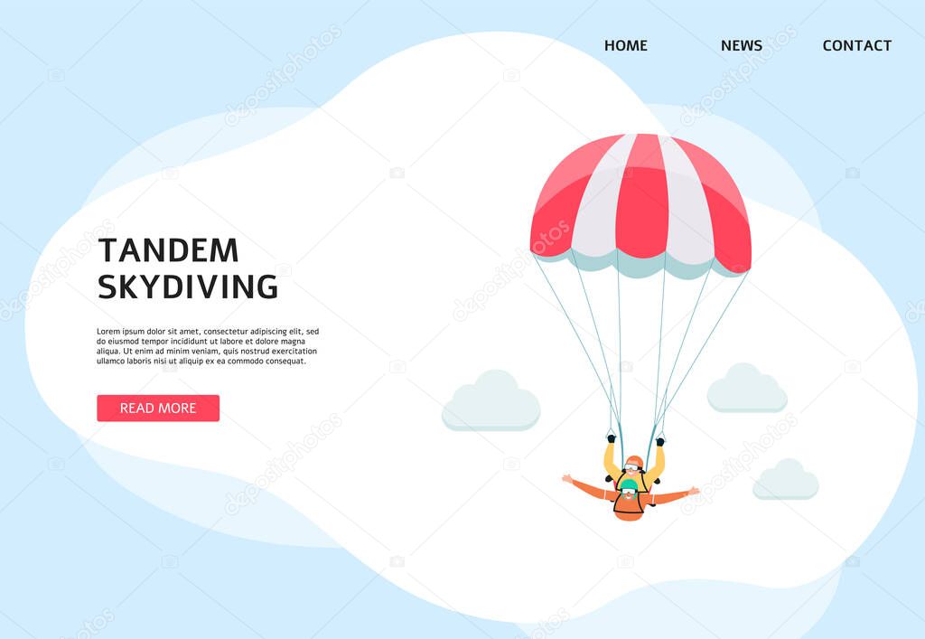 Tandem skydiving website banner - two cartoon people flying with parachute