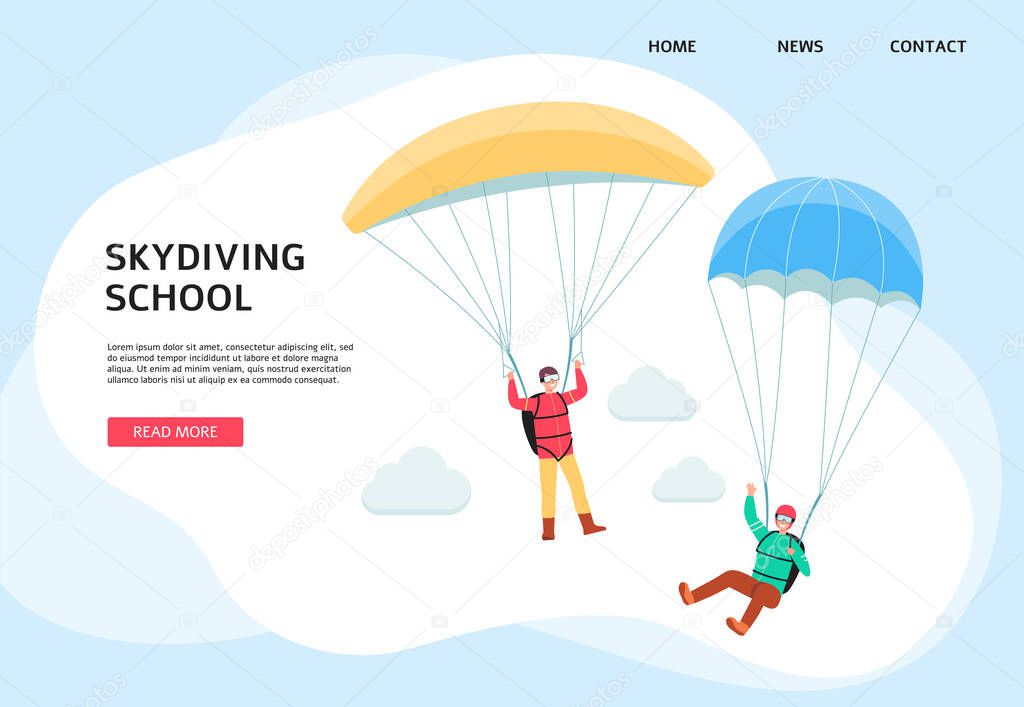 Skydiving school or paragliding company banner template flat vector illustration.