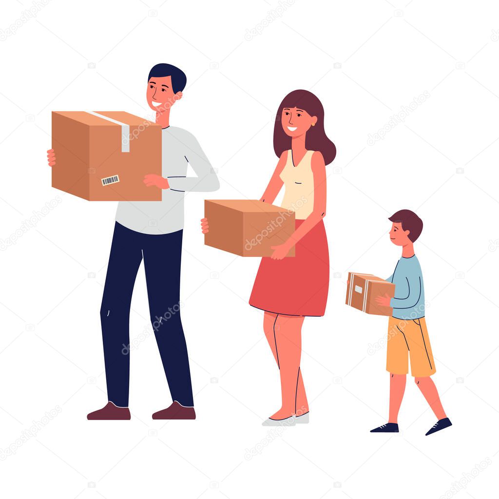 Happy family characters moving house flat vector illustration isolated on white.