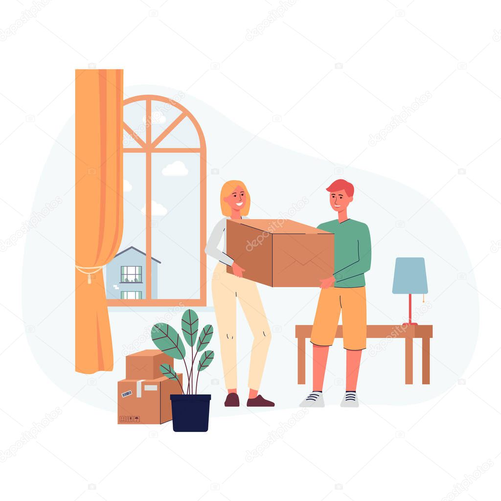 People characters moving into new house flat vector illustration isolated.