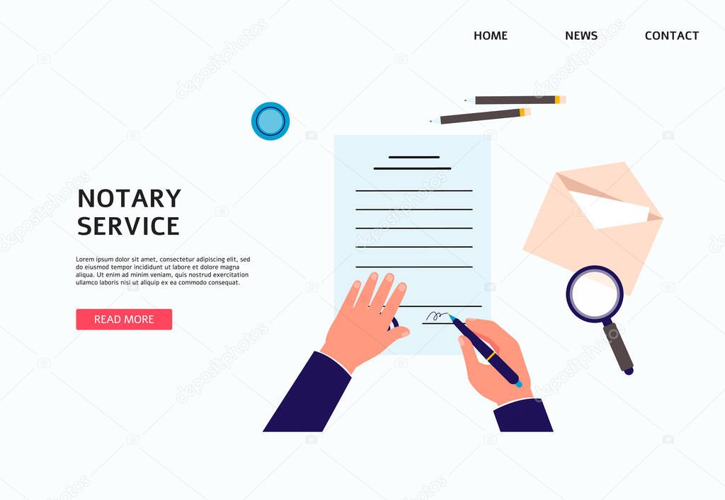 Notary service banner with hands signing documents flat vector illustration.