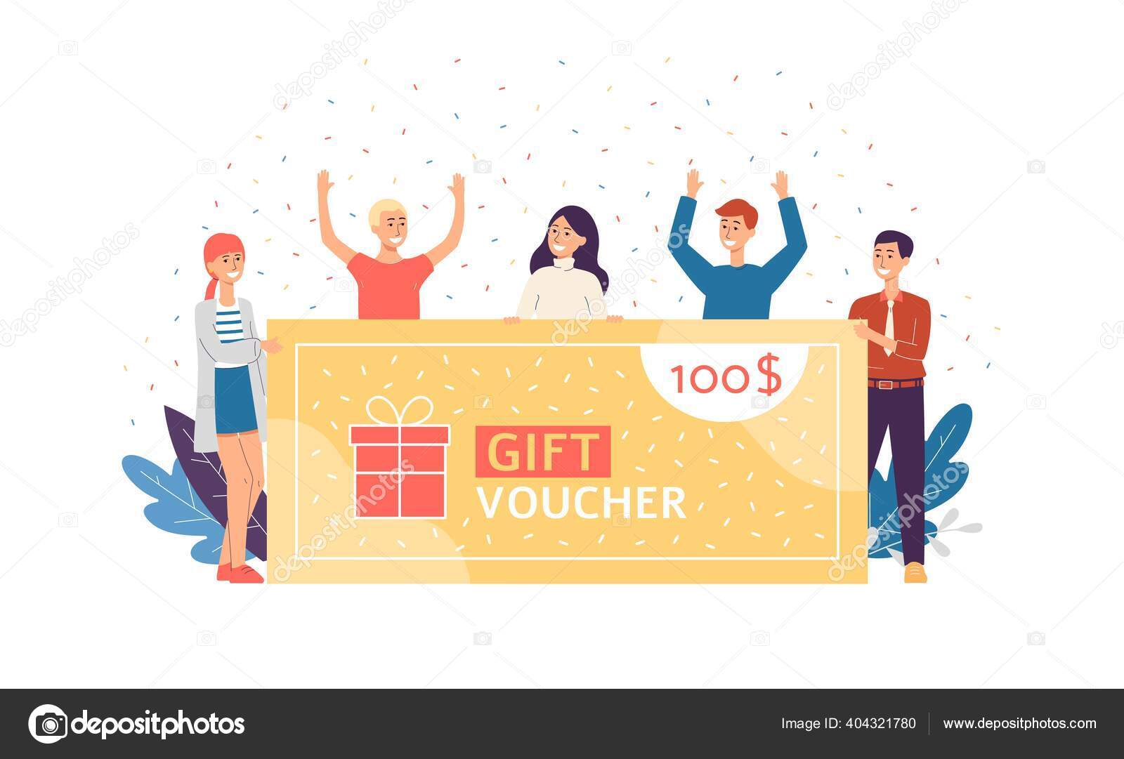 Cartoon people celebrating winning present 100 gift voucher under confetti  Stock Vector Image by ©Sabelskaya #404321780