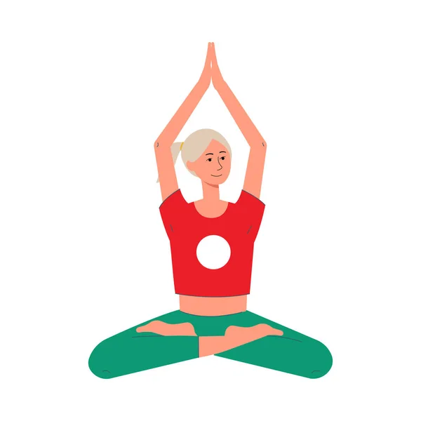 Tecknad kvinna som sitter i yoga meditation pose med korsade ben — Stock vektor