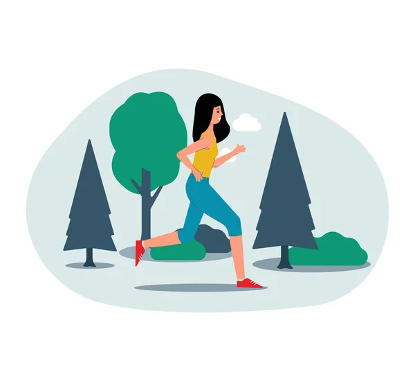 Personaje de mujer en carrera matutina en parque, ilustración vectorial plana aislada. — Vector de stock