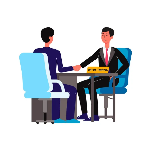 Dois homens de negócios na entrevista de HORA - homens de desenho animado apertam as mãos sentados na mesa — Vetor de Stock