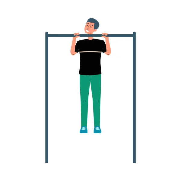 El hombre se tira hacia arriba en la barra horizontal plana vector ilustración aislado. — Vector de stock