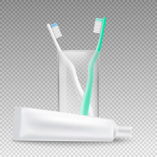 Modèle réaliste de tube de dentifrice couché à côté du porte-brosse à dents — Image vectorielle