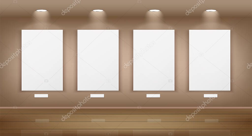 Template of gallery with white blank pictures realistic vector illustration.