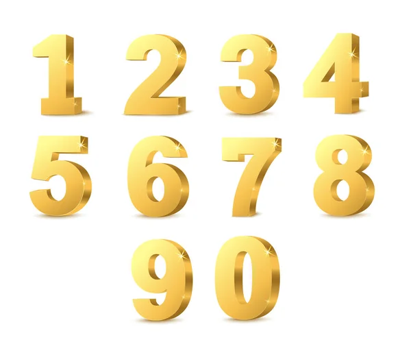 Zlatá kovová čísla nebo číslice nastavit realistické vektorové ilustrace izolované. — Stockový vektor