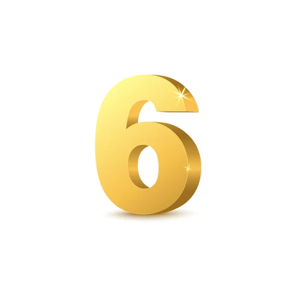 Golden metal 3d number six symbol realistic vector illustration isolated. — Stock Vector