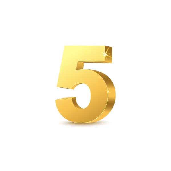 Golden 3d numero viisi malli realistinen vektori kuva eristetty valkoinen. — vektorikuva