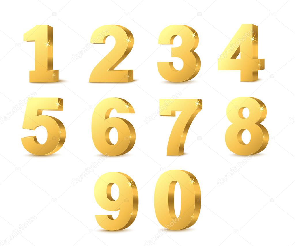 Golden metallic numbers or digits set realistic vector illustration isolated.