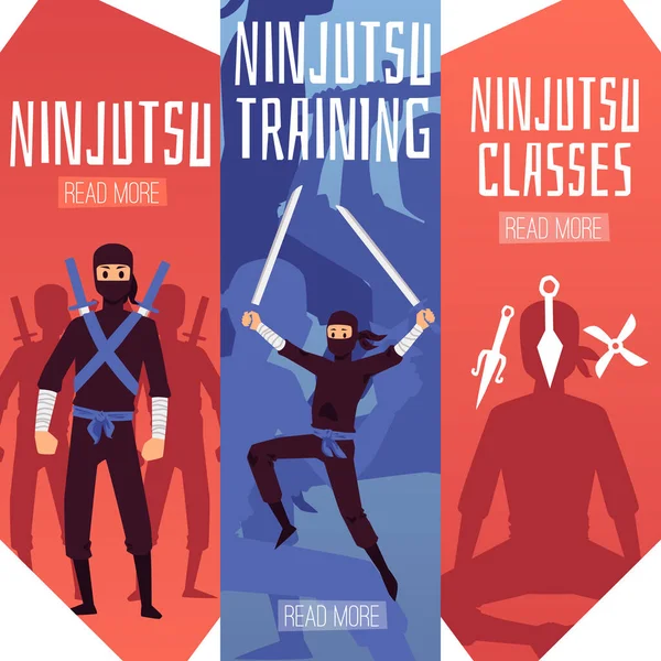 Ninjutsu training klassen banner sjabloon set met cartoon krijger — Stockvector