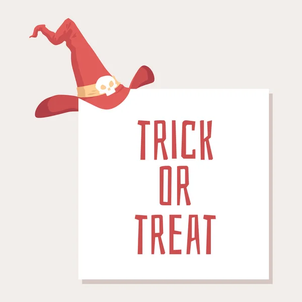 Truco o trato - tarjeta cuadrada de Halloween con sombrero de bruja roja en la esquina — Vector de stock