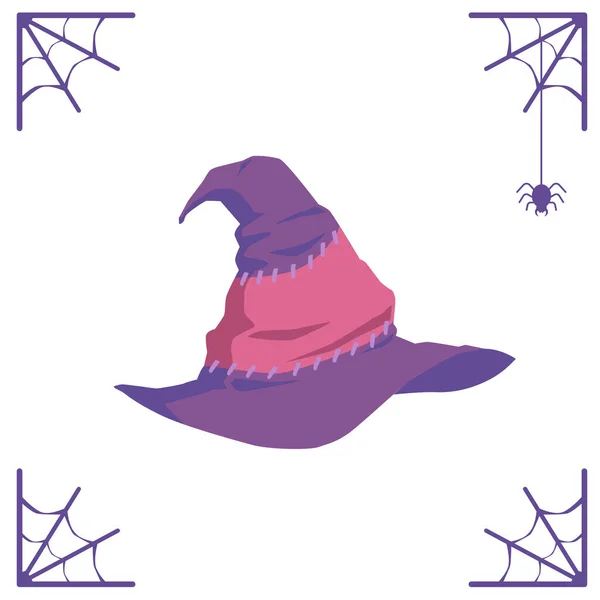 Old purple witch hat - isolated Halloween poster with spider web — Stock Vector