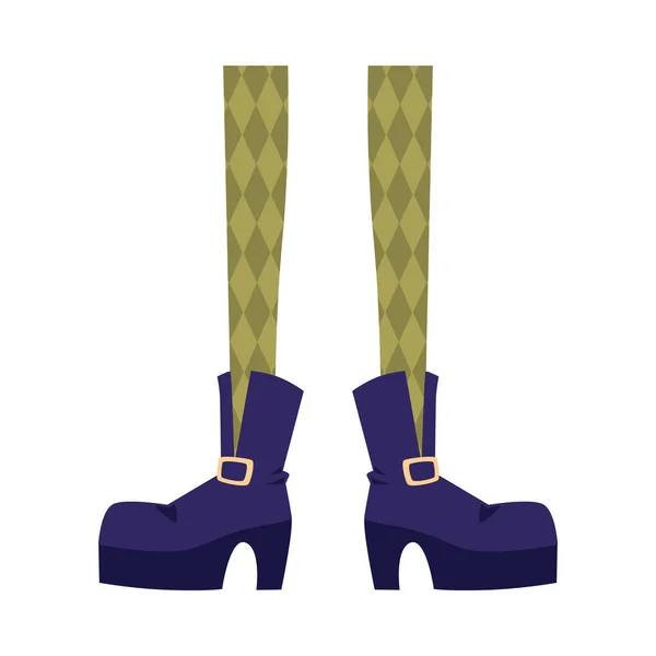 Nogi czarownicy są w zielonych wzorzystych pończochach i niebieskich butach. — Wektor stockowy