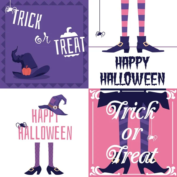 Joyeux jeu de cartes Halloween avec des jambes de sorcière dessin animé et chapeau. — Image vectorielle