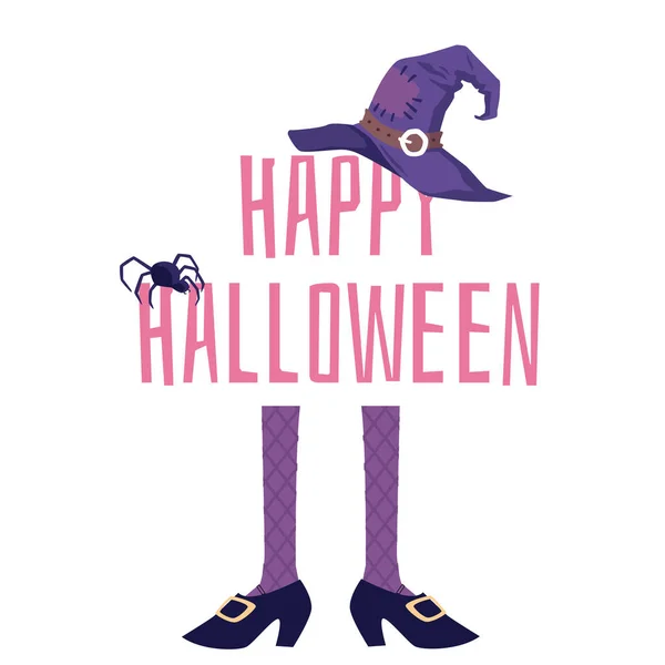 Felice poster di Halloween con parole che indossano cappello da strega, collant e scarpe — Vettoriale Stock