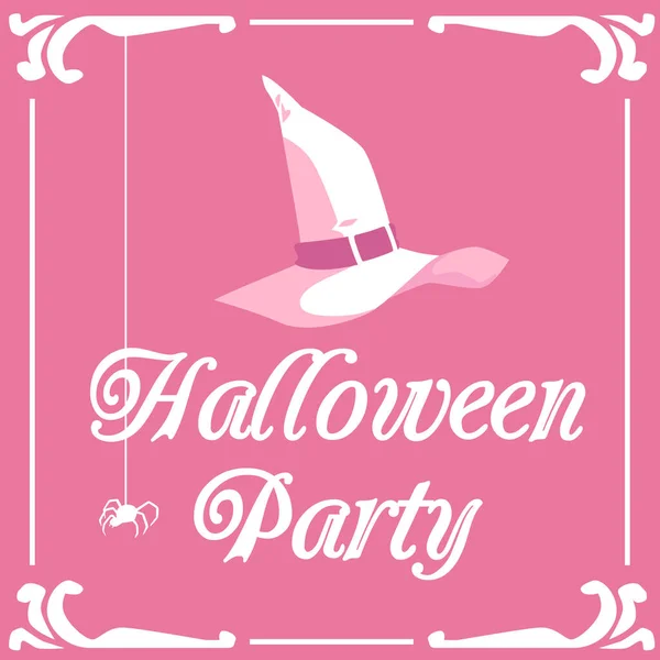 Cartel de fiesta rosa de Halloween con sombrero de bruja, araña y borde adornado — Vector de stock