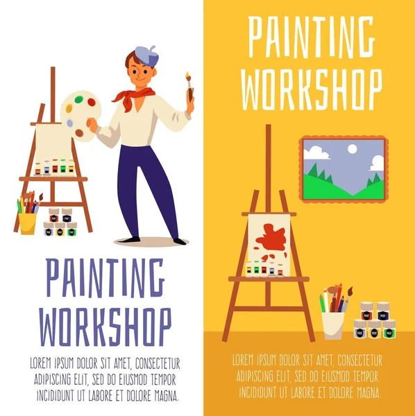 Artist painting workshop - vertical banner set with art teacher and supplies — Stock Vector
