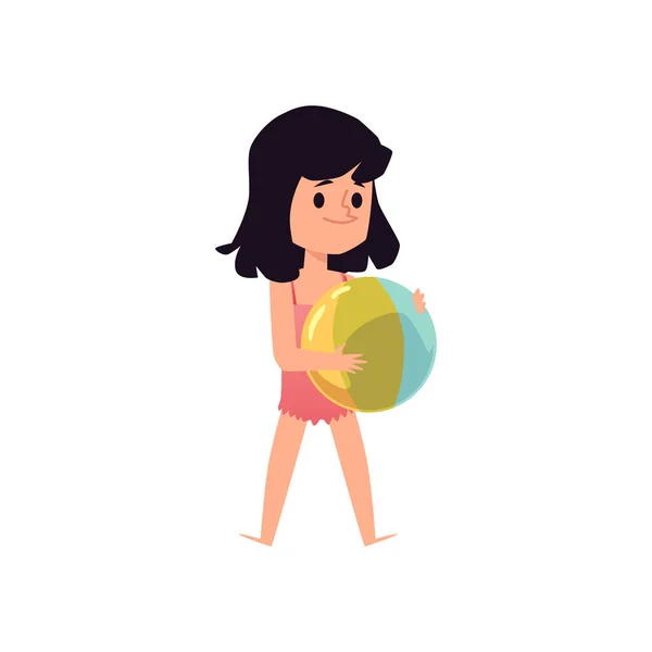 Niño niña personaje en traje de baño celebración de la bola, vector plano ilustración aislado. — Vector de stock
