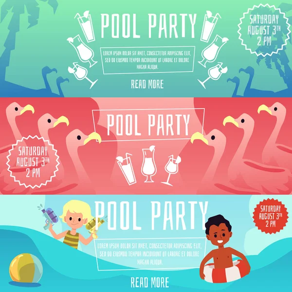 游泳池儿童派对系列传单或海报，平面矢量插图 — 图库矢量图片