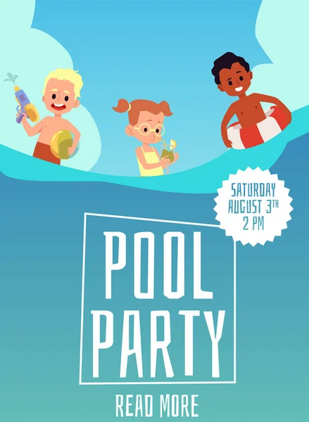 Шаблон плаката вечірки біля басейну з мультиплікаційними дітьми, які плавають — стоковий вектор