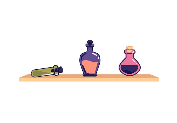 Glass flasks and tubes with magic potion flat vector illustration isolated. — Stock Vector