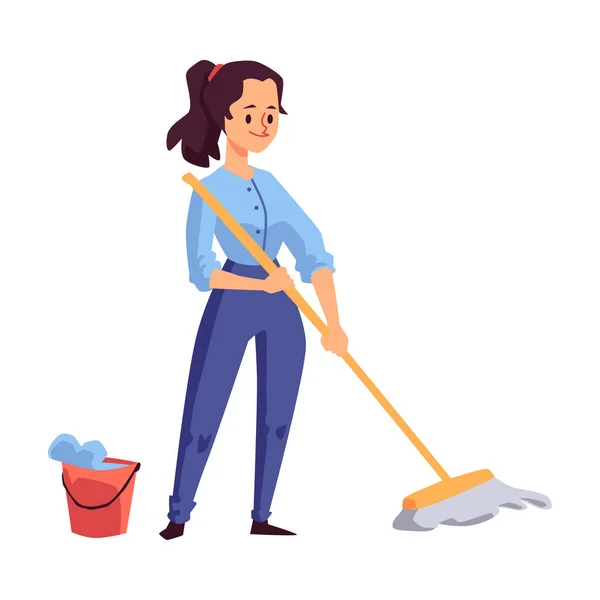 Mujer o niña lavando un piso con fregona, ilustración vectorial plana aislada. — Vector de stock