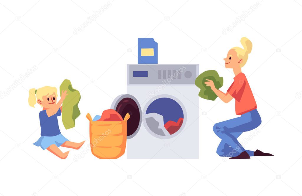 Cartoon woman and child doing laundry, loading the washing machine