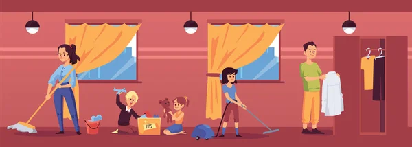 Комната с семьей в уборке дома и домашняя работа - плоская векторная иллюстрация. — стоковый вектор