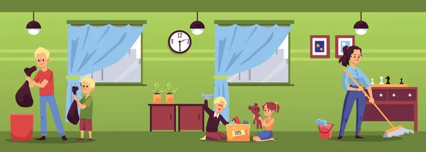 Семейный мультфильм о том, как люди чистят и убирают комнату, плоская векторная иллюстрация. — стоковый вектор