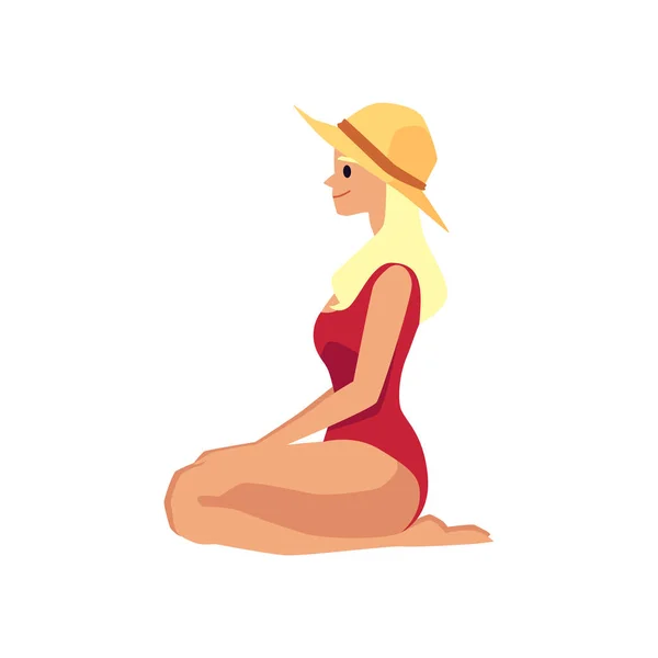 태양 모자를 쓰고 빨간 수영복을 입은 여자가 앉아 있는 납작 한 벡터 그림. — 스톡 벡터