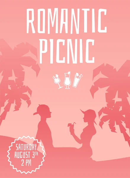 Różowy romantyczny plakat piknikowy z sylwetką pary na tropikalnej plaży — Wektor stockowy